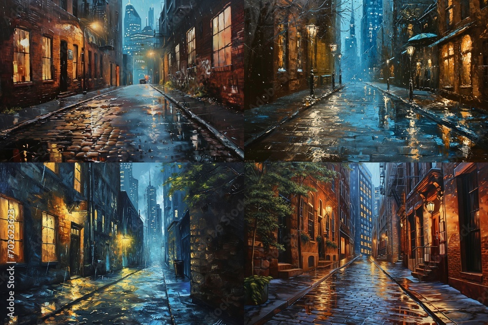 : A quiet alley transformed by rain, with the wet cobblestones leading towards distant skyscrapers. An original oil artwork that captures the urban poetry of a rainy night.
