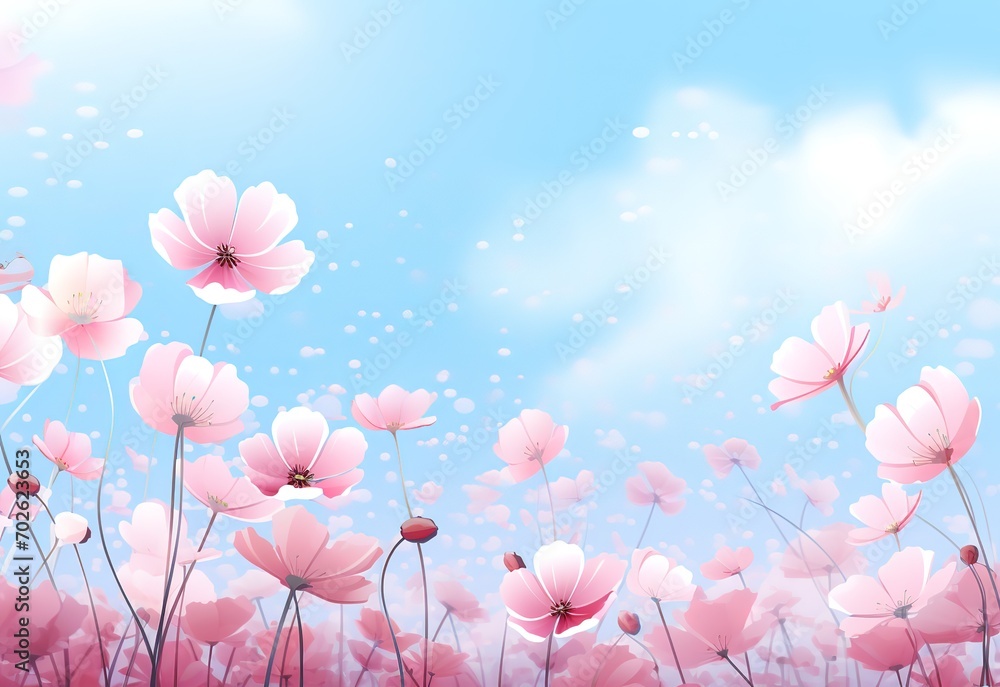 Beautiful pink flowers bloom in spring against a blue sky background. Generative AI