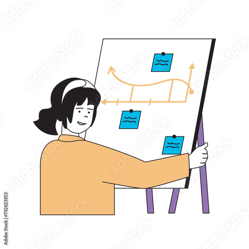 Education concept with cartoon people in flat design for web. Student making presentation with graph analysis and strategy planning. Vector illustration for social media banner, marketing material.
