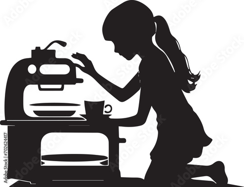 A Girl makes Coffee in a coffee machine with a mug silhouette vector illustration