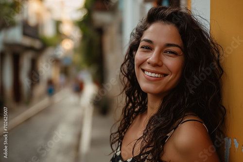 Radiant Middle-Aged Hispanic Woman Smiling Outdoors - Authentic Latin American Pride, Joyful Female Expression, Elegance in Her 30s, Embracing Cultural Heritage and Diversity with Warmth and Positivit