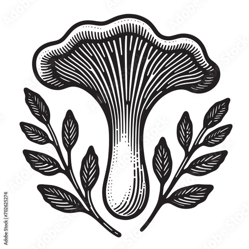 Chanterelle Mushrooms. Beautiful engraving monochrome vector illustration. Icon, logo, isolated object