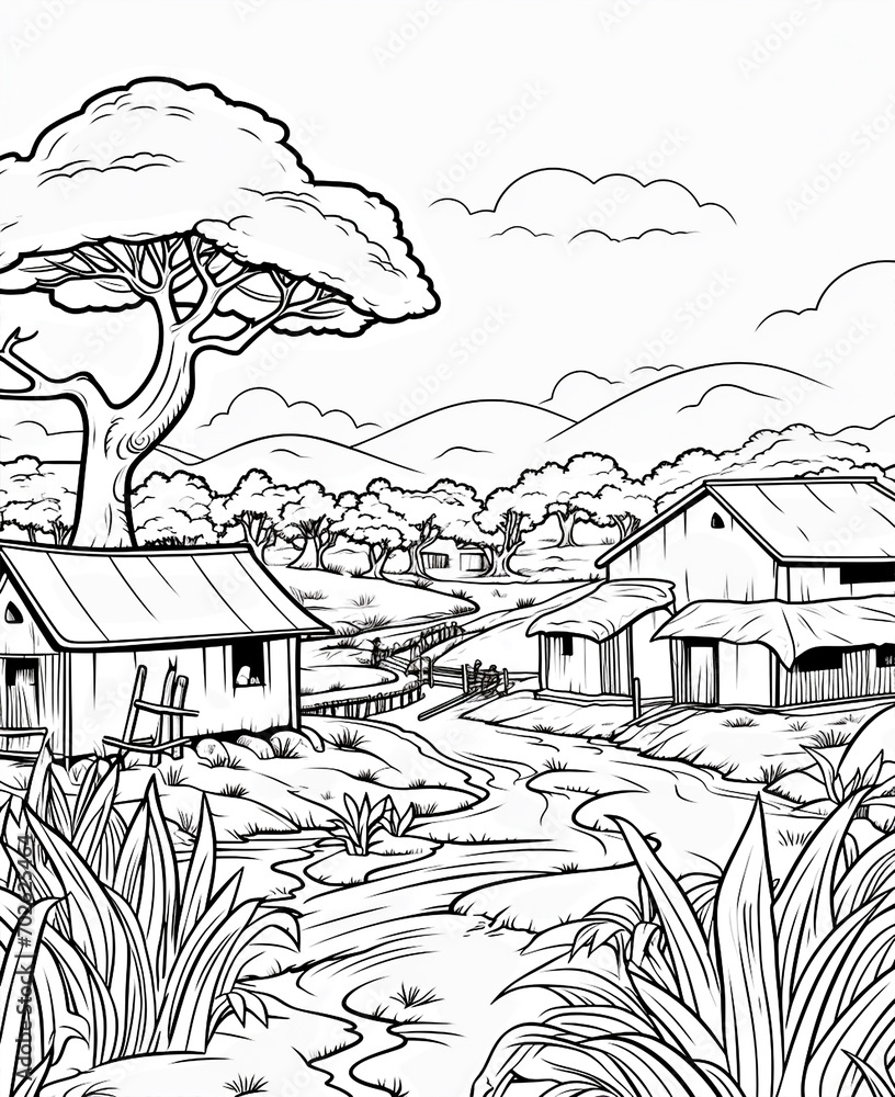 coloring page ghana cartoon, house in the forest Stock Illustration