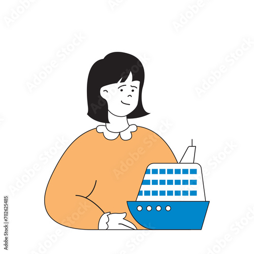 Travel concept with cartoon people in flat design for web. Woman goes on summer cruise tour and travelling on huge ship on ocean. Vector illustration for social media banner, marketing material.