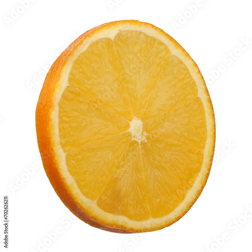 Orange fruit and citrus. Delicious half orange, isolated on a round slice white. Top view. png isolated.