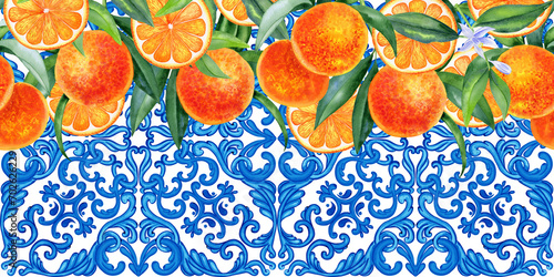 Orange fruit on branches with leaves and Sicilian maolica watercolor seamless horizontal pattern. Hand painted border with orange citrus fruits and traditional Azulejo tiles. Italian vintage banner. photo
