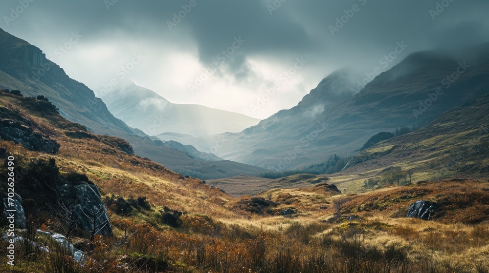 rolling hills of the Scottish Highlands with low-hanging clouds, rugged terrain, misty greens and earthy browns, ancient and mysterious landscape.