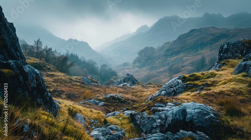 Fototapeta Naklejka Na Ścianę i Meble -  rolling hills of the Scottish Highlands with low-hanging clouds, rugged terrain, misty greens and earthy browns, ancient and mysterious landscape.
