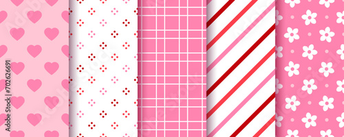 Valentine's day seamless background. Holiday pink patterns. Endless prints with heart, stripes, flowers, check. Cute romantic design. Vintage textures for wrapping papers. Vector Illustration