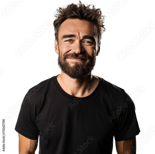 Positive bearded man with moustache standing in black t shirt smiling and looking at camera