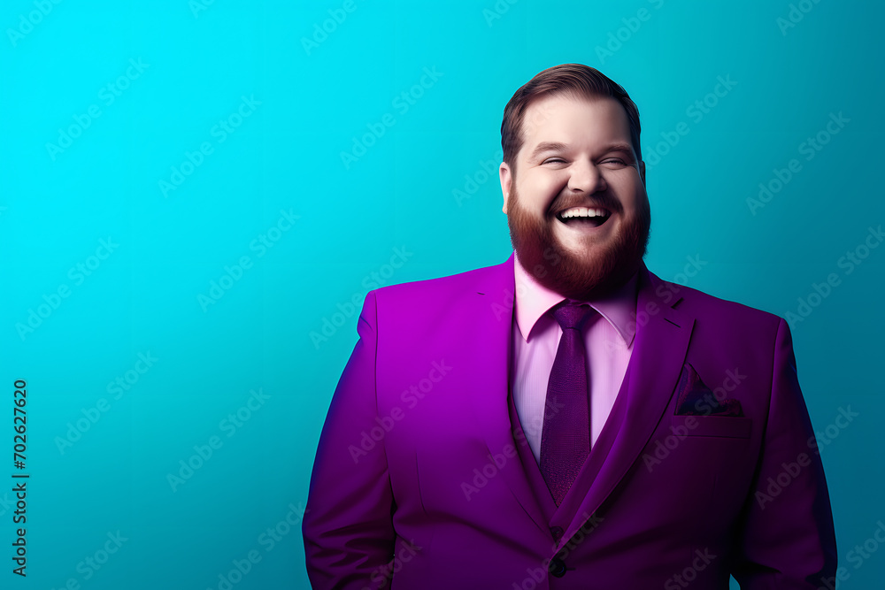 Slightly overweight businessman smiling confidently. Bold and vibrant clean minimalist studio portrait, copy space. Slightly overweight businessman smiling confidently. Bold and vibrant clean minimalist studio portrait, copy space.