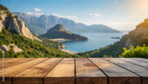 Wooden Table with Blurred Nature Background on a Peaceful Sunny Day by the Sea and Mountains, Providing Copy Space for Product Advertising
