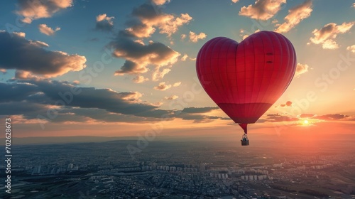 A heart shaped balloon flying over a city. Generative AI.