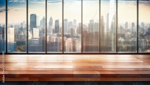 Wooden Table Surface against a Blurred Cityscape Backdrop during Sunset Aerial View - Ideal for Showcasing or Composing Product Images