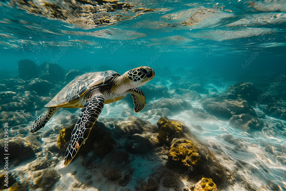 Fototapeta premium Green turtle swimming under water