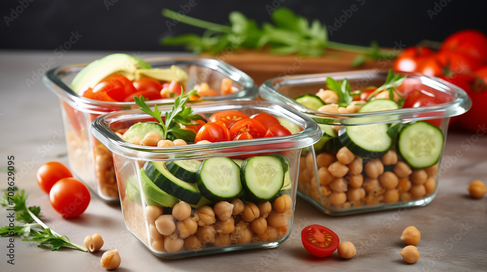 Healthy meal prep containers with chickpeas, chicken, tomatoes, cucumbers and avocados. Healthy lunch in glass containers on beige rustic background. Zero waste concept Healthy meal prep containers with chickpeas, chicken, tomatoes, cucumbers and avocados. Healthy lunch in glass containers on beige rustic background. Zero waste concept