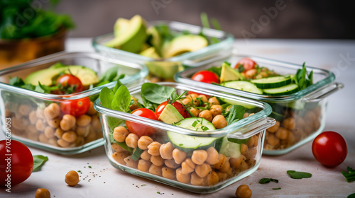 Healthy meal prep containers with chickpeas, chicken, tomatoes, cucumbers and avocados. Healthy lunch in glass containers on beige rustic background. Zero waste concept photo