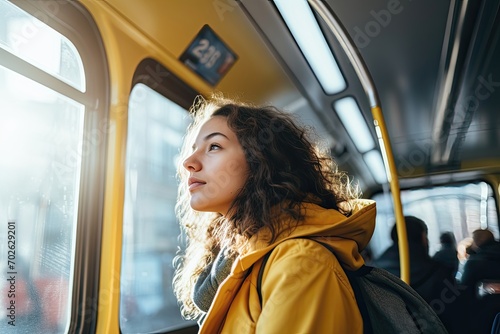 Young woman looking out the window on a city tram photo