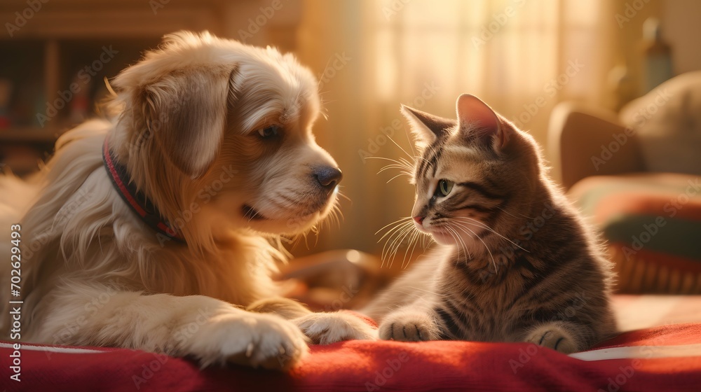 見つめあう犬と猫 見つめあう犬と猫