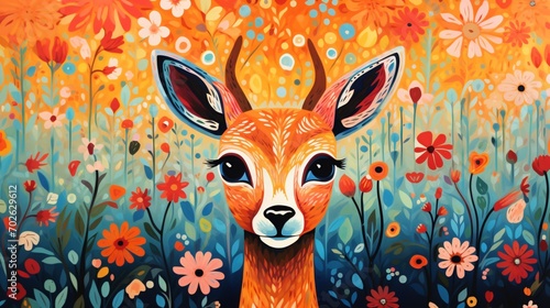 An artistic representation of a cartoon deer with abstract patterns, standing amid a field of blossoming flowers, creating a unique visual experience. © Sajawal