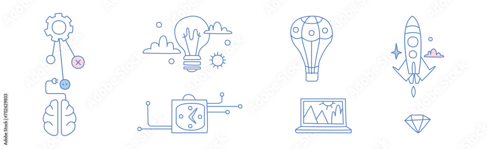 Simple Creative Process Line Icon and Object Vector Set