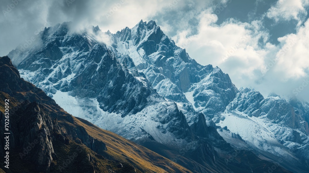Landscape Photography of Andes Mountains enveloped in a soft cloud cover, clear morning light, clouds flowing over rugged peaks, cool greys and natural stone colors, grandeur of the Andes Landscape Photography of Andes Mountains enveloped in a soft cloud cover, clear morning light, clouds flowing over rugged peaks, cool greys and natural stone colors, grandeur of the Andes
