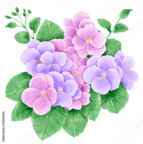 Fototapeta Naklejka Na Ścianę i Meble -  Watercolor hand drawn illustration Violet purple flowers and leaves bouquet for wedding invitation bridal shower greeting card