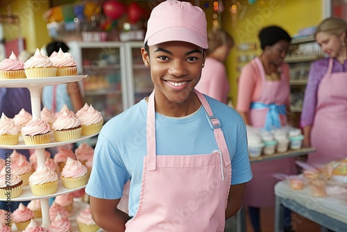 A cheerful baker in a pink cap and apron presents cupcakes photo