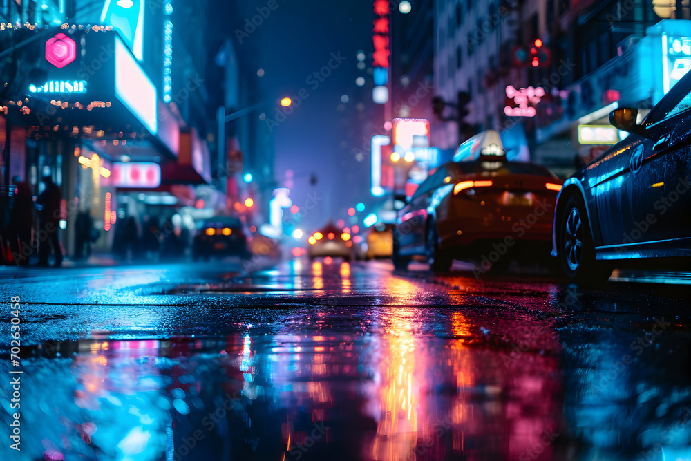 Reflections on a wet road, night city street, city background