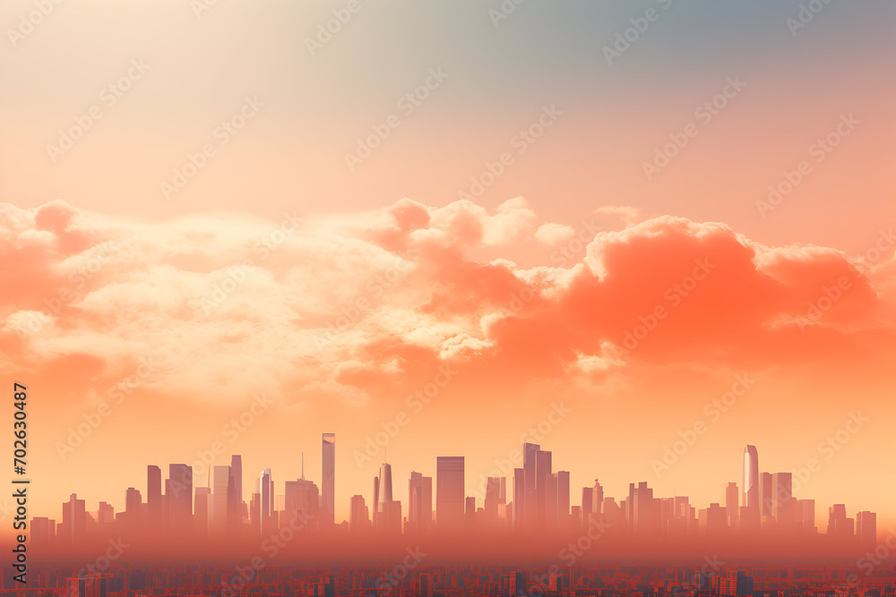 Sunset over a city skyline, sunset over city peach fuzz  background