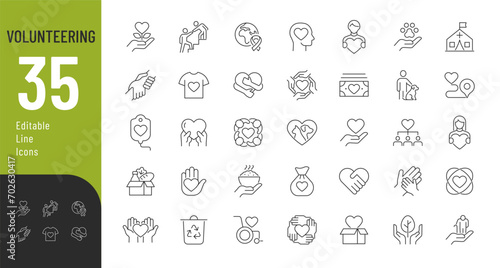 Volunteering Line Editable Icons set. Vector illustration in modern thin line style of charity related icons: donation, helping homeless animals, caring for the elderly, and more photo