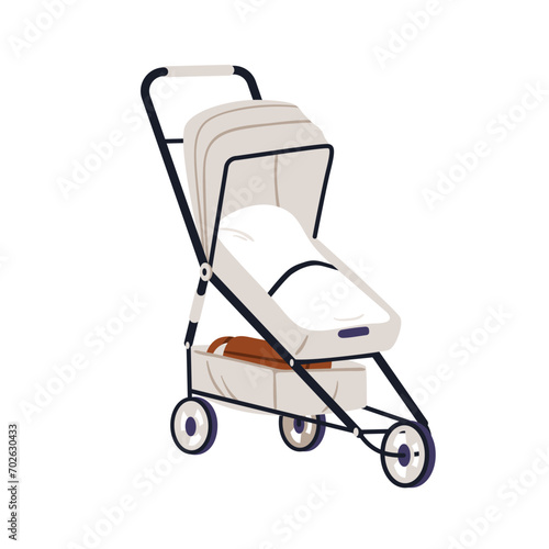 Baby pram, stroller. Newborn carriage, three-wheeled pushchair. Infants walking transport. Empty kids cart, childs trolley. Flat vector illustration isolated on white background