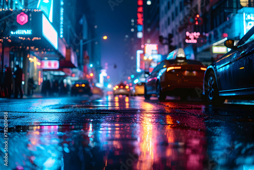 Reflections on a wet road, night city street, city background © Anna