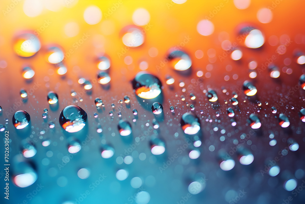 Close-up of raindrops on a window, water drops on a blue background