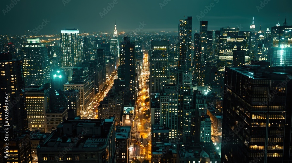 rooftop view of a city at night, wide shot, urban skyline with ambient street lights