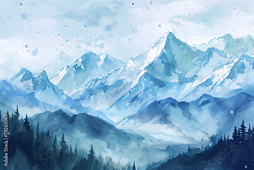 Watercolor blue landscape in the winter © Anna
