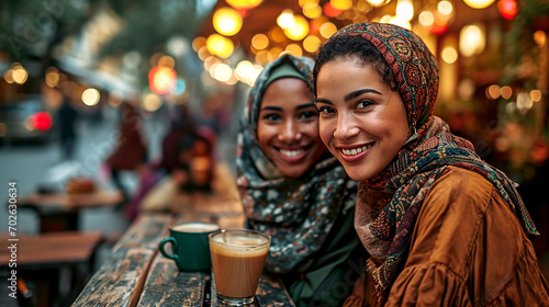 Two Smiling Women Enjoying Coffee Together Outdoors