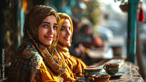 Serene Women with Hijabs Enjoying Morning Coffee Together