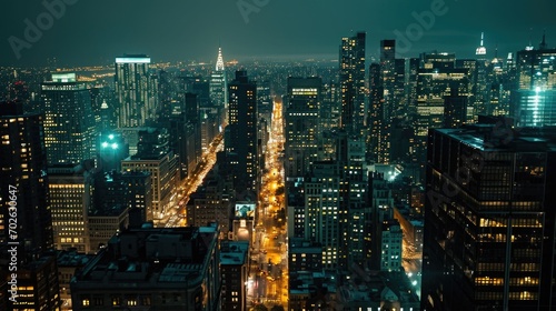 rooftop view of a city at night  wide shot  urban skyline with ambient street lights