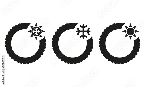 Winter, summer and all-season tire types. Tyres with icons for winter, summer and all weather. Snowflake and sun symbols. Editable vector.