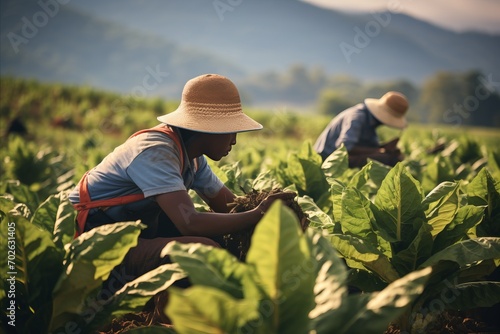 Candid shot of agricultural laborers cultivating tobacco plants at the break of dawn