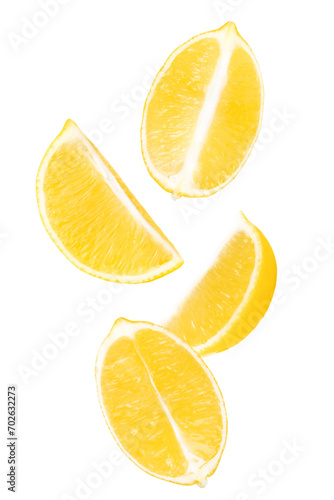 Levitation of cut lemons isolated on transparent background.