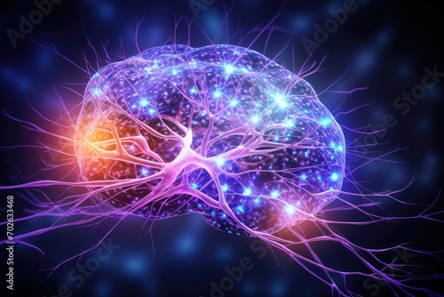 Human Brain neuronal network neural architecture: Neurons transmit signals via axons and dendrites, forming synapses. Neurotransmitters modulate communication, brain function