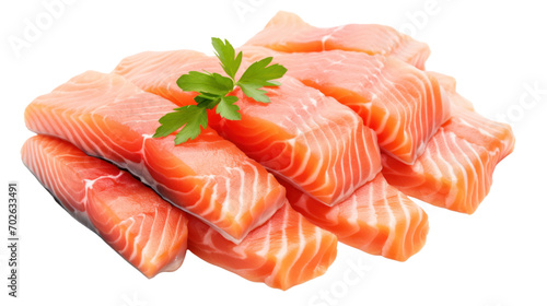Salmon fillets on packaging in foreground of busy food factory isolated on transparent and white background.PNG image.