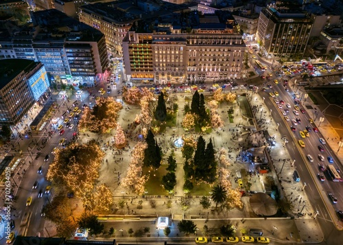 Fototapeta Naklejka Na Ścianę i Meble -  Aerial view of the festive decorated Syntagma Square for Christmas during night time, Athens, Greece