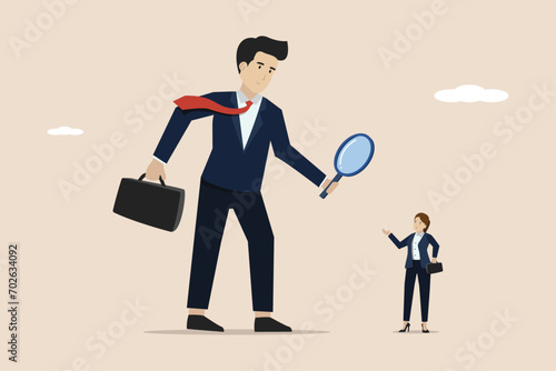 Suspicious and doubtful partner, analyzing fake or fraud, concerned or questioning business transparency concept, suspicious businessman analyzing employee with magnifying glass.