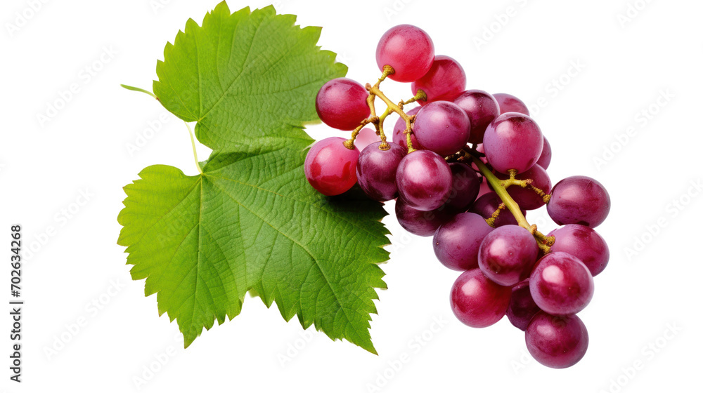 Fototapeta premium Red grapes with green leaves and half sliced isolated on transparent and white background.PNG image.