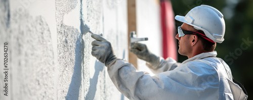 Obraz na plátně Insulation worker install heat saves energy material on house