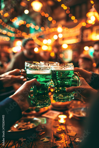 Friends toasting with green beer in a festive St. Patrick's Day pub