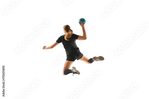 Active female handball player demonstrating throwing techniques, captured in dynamic and engaging pose against white background. Concept of professional sport, movement, dynamic, championship, action.